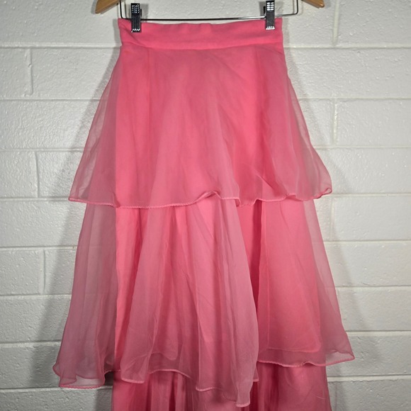 Vtg Pink Tiered Chiffon Maxi Skirt 26 Waist Ruffle Barbiecore Prom 80s 90s - Picture 3 of 9
